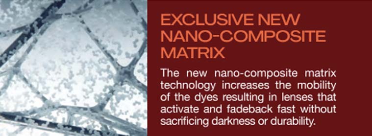 The new nano-composite matrix technology increases the mobility of the dyes resulting in lenses that activate and fadeback fast without sacrificing darkness or durability.
